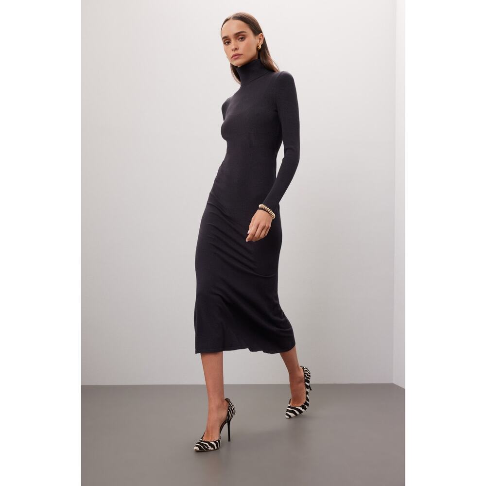 Toccin Black Ribbed Turtleneck Long Sleeve Midi Sweater Dress Size Medium - Picture 2 of 13